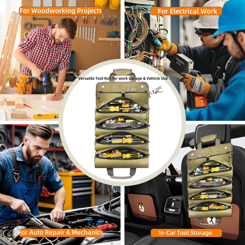 Tool Bag Roll Up Portable Tool Roll Organizer-Gifts Dad Roll-Up Tool Bag Pockets for Wrenches, Sockets & Hand Tools for Mechanics & Electricians Handyman Khaki
