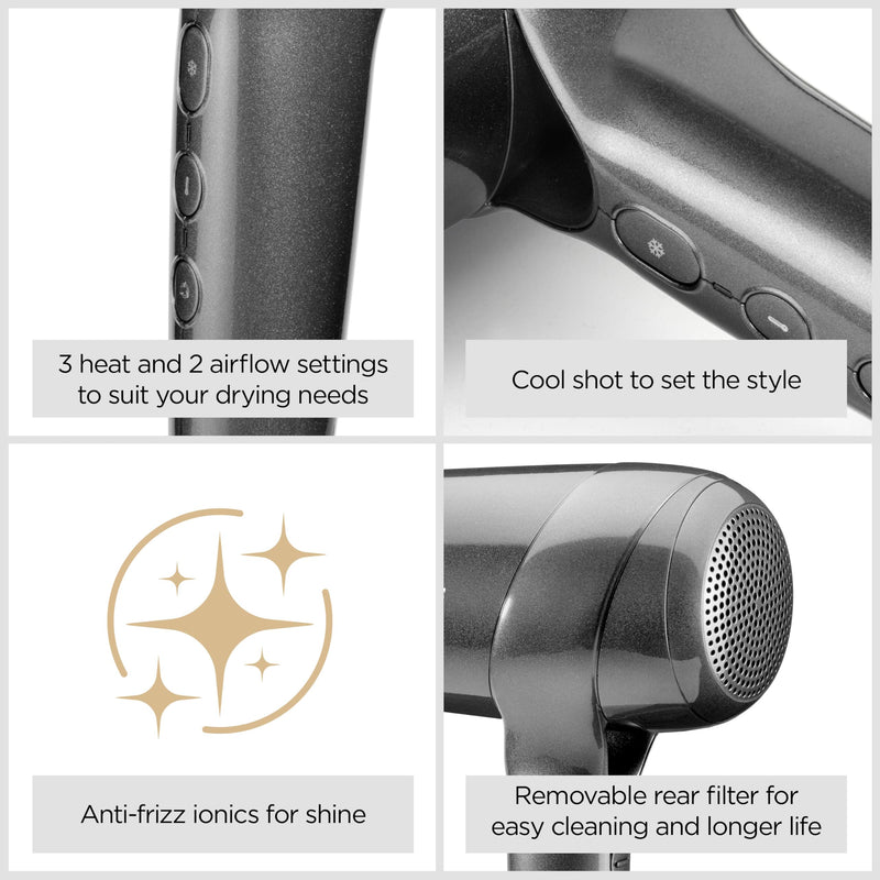BaByliss Titanium Shine Hair Dryer - Powerful and Compact, 1600W High Speed Digital Motor, Large Diffuser, 3 Heat & 3 Speed Settings, Metallic Grey, D6200DU NEW