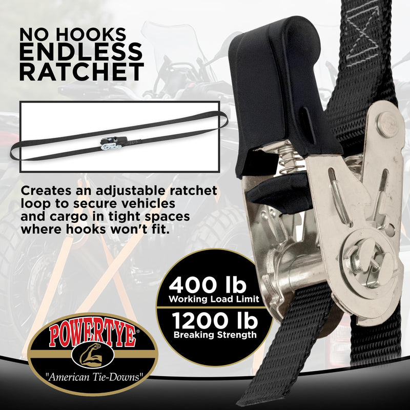 PowerTye - Endless Ratchet Strap - Easy Grip (Hookless), Black Tie Down Strap w/ 400 lb. Working Load Limit / 1,200 lb. Break Strength, Ideal for Motorcycle, ATV, Bike, & Coolers, 1in x 4ft, 2-Pack 1in x 4ft Easy Grip
