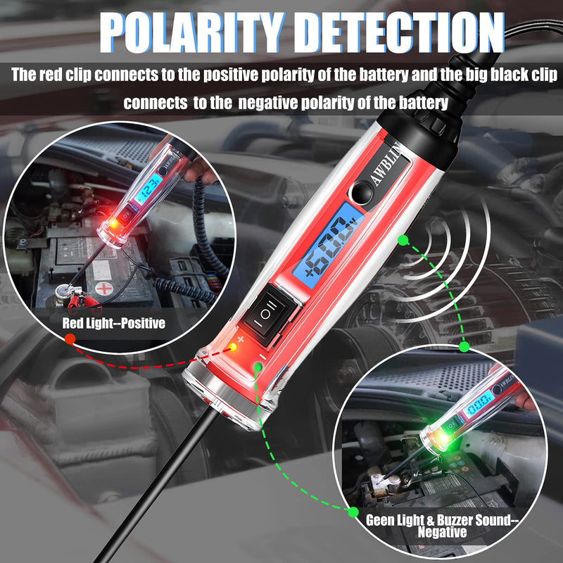 Power Circuit Probe Tester, LCD Digital Automotive Test Light with Voltage Display&Illumination, DC Voltage Tester, Electrical System Tool, Relay Fuse Continuity Current Test.