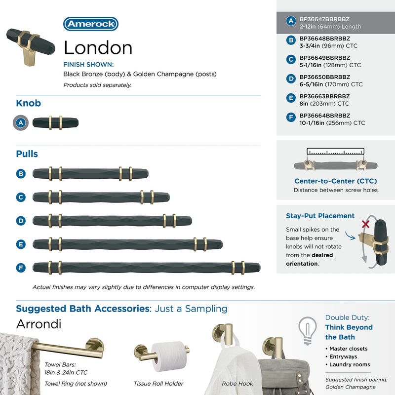 Amerock BP36647BBRBBZ London Cabinet Knob, 2-1/2 in (64 mm) Length, Black Bronze/Golden Champagne (Pack of 2) 2-1/2 inch (64mm) Length (Pack of 2) ברונזה שחורה/שמפניה מוזהבת
