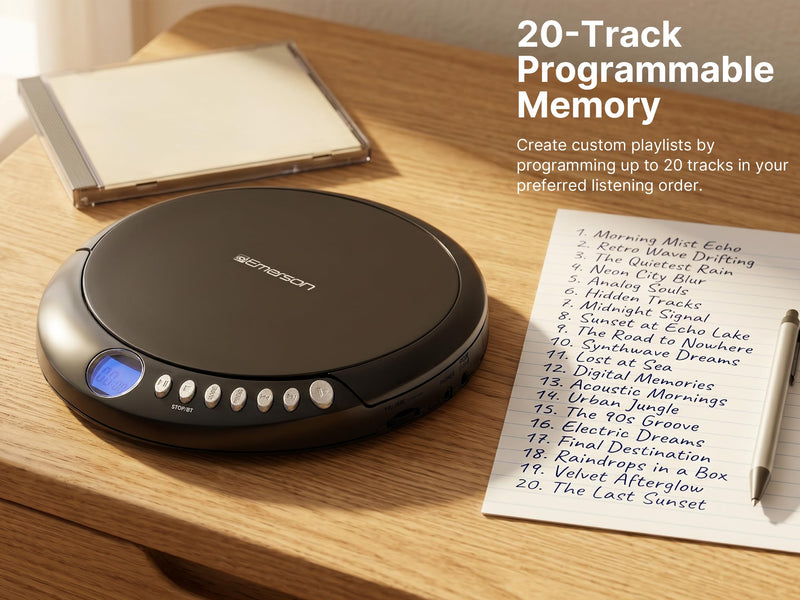 Emerson EPCD-2003 Portable CD Player with FM Radio, Bluetooth 5.3 AudioStream™, 60-Second Anti-Shock, 20-Track Memory, LCD Display, Dual Power (Micro-USB/Battery) & Earphones Included Gray
