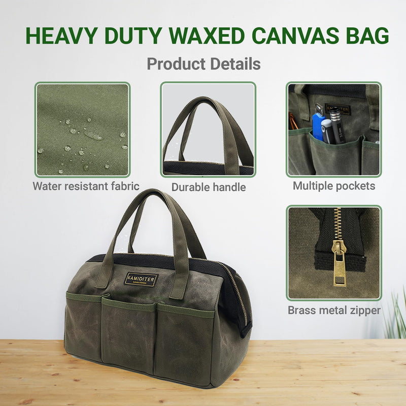 13-inch Tool Bag, Heavy Duty Wide Mouth Water-Resistant Tool Bag, Tool Tote with Handle for Tools, Wrenches, Screwdrivers (13 X 7 X 9 inch) | ArmyGreen 13 Inch