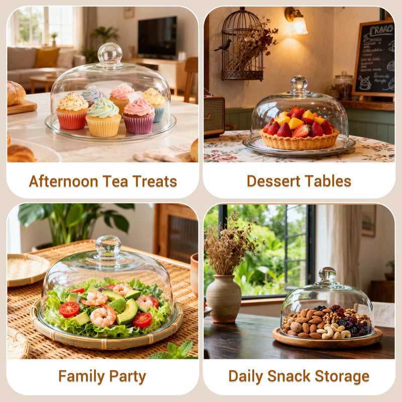 Glass Cake Dome - 10 Inch Clear Round Glass Cake Stand Cover, Display Cloche for Cakes, Pastries, Cupcakes & Desserts, Durable Food-Safe Cover for Party & Holiday, Fits Sizes up to 8"