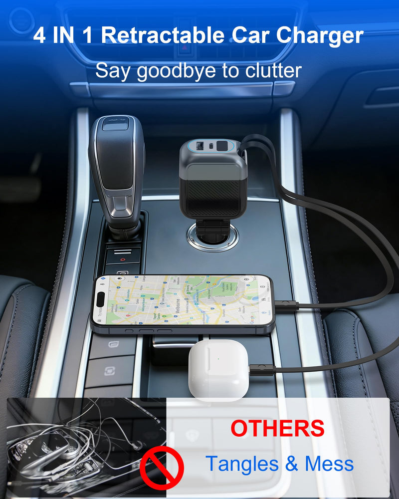 87W Retractable Car Charger, Cigarette Lighter USB Charger for iPhone 17 | 4-in-1 Car Phone Charger USB C Fast Charge Adapter for iPhone 17 16 15 14 13 12, Sumsung Travel Essentials Car Accessories USB C Cable / Lightning Cable
