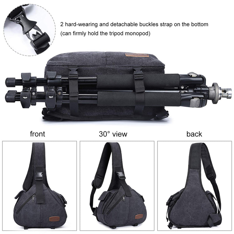 S-ZONE Canvas Camera Sling Bag Backpack Crossbody Case with Tripod Holder Dark Gray