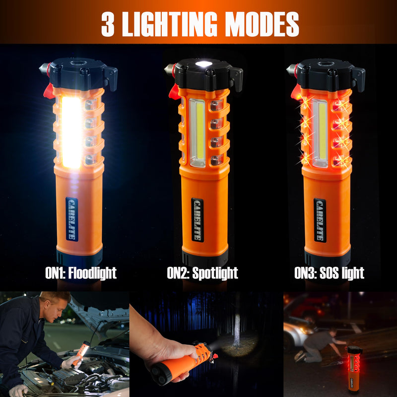 Multi-Function Emergency Car Flashlight, Essential Car Escape Tool, Life Saving Rescue Gear: Seatbelt Cutter Window Breaker Worklight Flashlight Flash Beacon Orange