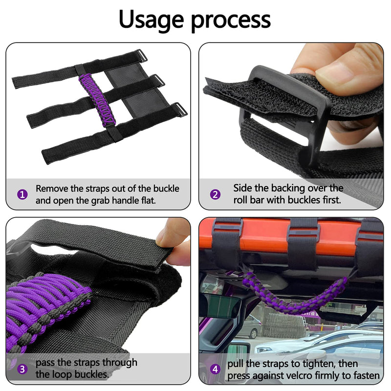 Kujunpao4 X Roll Bar Grab Handles Grip Handle Compatible with Jeep Wrangler JLU JK JKU TJ YJ LJ JT JL & Gladiator JT 1987-2021 UTV & ATV, Fits 1.5 to 3 Inch Bars 3 Straps Woven Holder(Purple) Standard Purple
