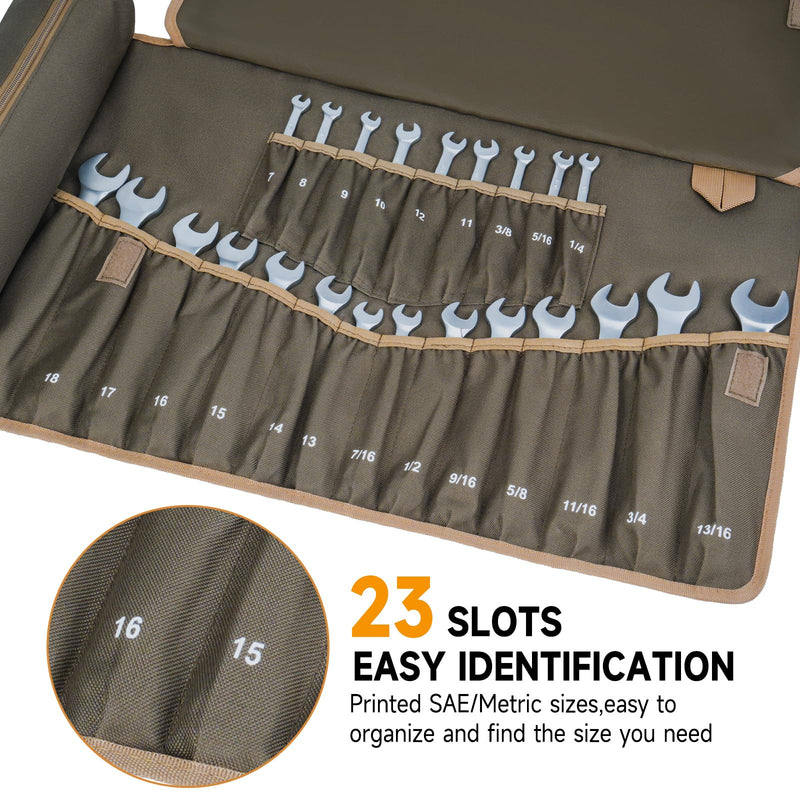 Wrench Roll Organizer,Wrench Roll Up Pouch with 23+1 Pockets,Heavy Duty Tool Roll for Metric & SAE Wrenches,Large Wrench Holder Organizer Bag for Men,Mechanics,Gifts for Men Dad(Olive Green) NO Tools Olive Green