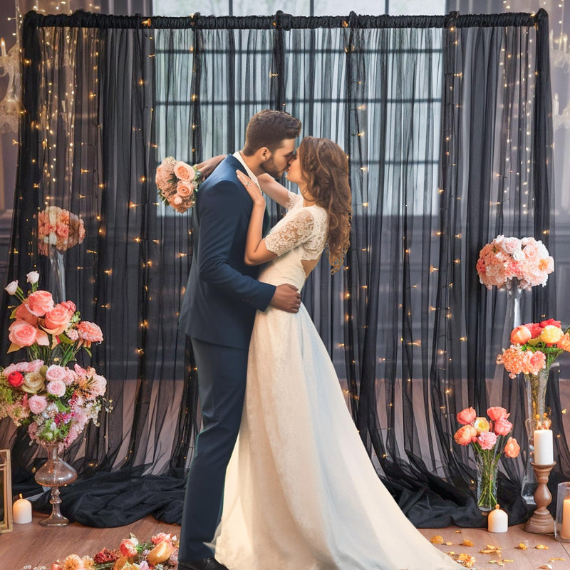 20×8ft Black Tulle Curtain Backdrop with Lights String for Parites, Sheer Backdrop Curtain Drapes for Wedding Photo Baby Shower Photography Birthday Party 20 ft X 8 ft(4 Panel-5ft X 8ft)