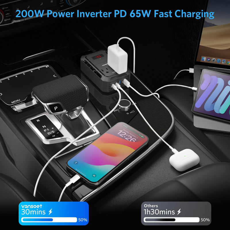 200W Car Power Inverter DC 12V to 110V AC Inverter with PD 65W/30W USB C & 2 QC 18W USB Ports & 2 AC Outlets,Car Pluɡ Adapter Outlet for Laptop/Phone/Road Trip Black