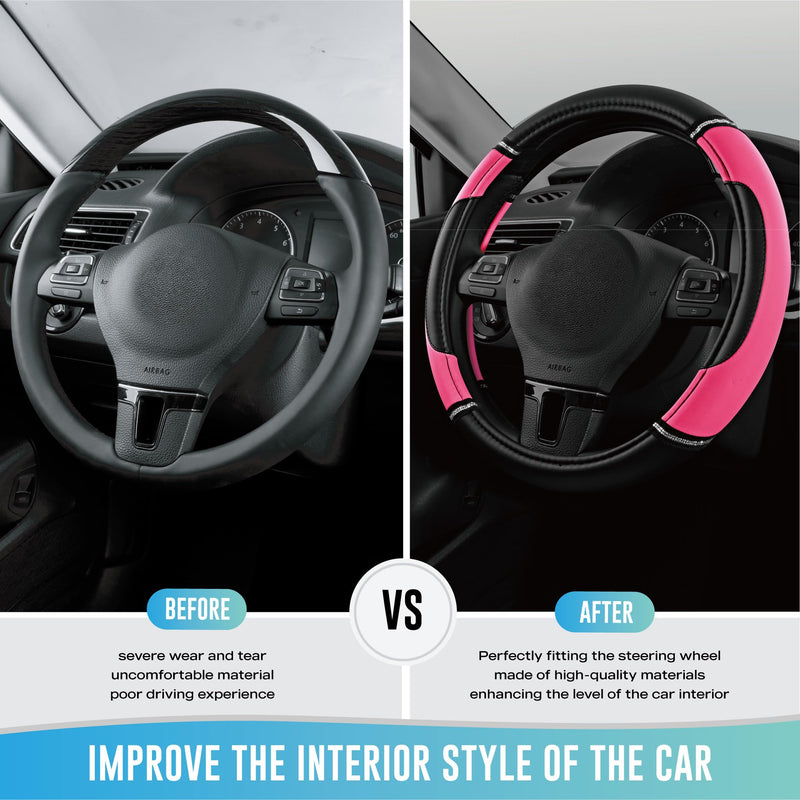 Road Comforts Leather Steering Wheel Cover - Made with PVC Leather - Anti-Slip, Universal Fit 14 1/2 inches to 15 inches - Hot Pink