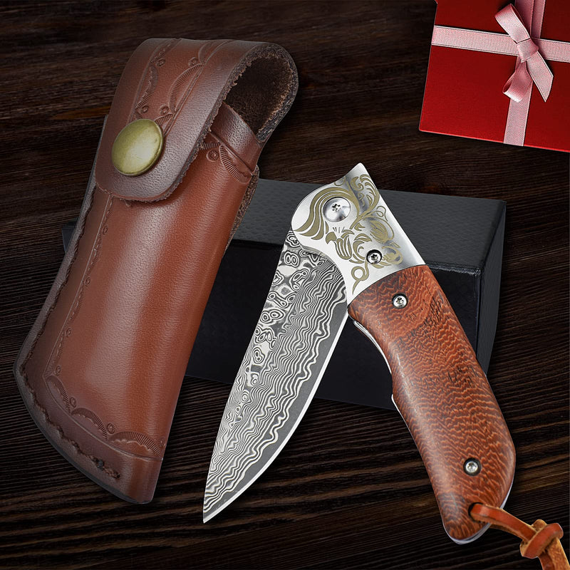 AUBEY Damascus Pocket Knife with Clip, Folding Knives with VG10 Damascus Steel Blade, Wooden Handle, Foldable EDC Knifes for Outdoor Survival Collection Gift A-Rosewood Handle
