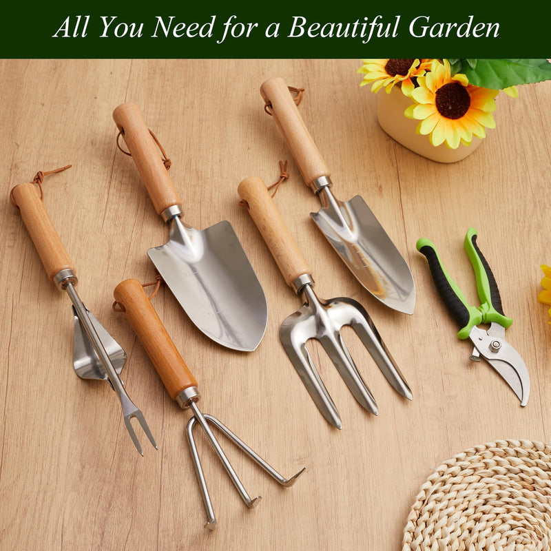 VerdantVibes 10-Piece Garden Tool Set - Heavy Duty Stainless Steel Gardening Kit with Wood Handle, Pruners & Vegetable Print Tote Bag - Unique Gardening Gifts for Women Mom Grandma Green