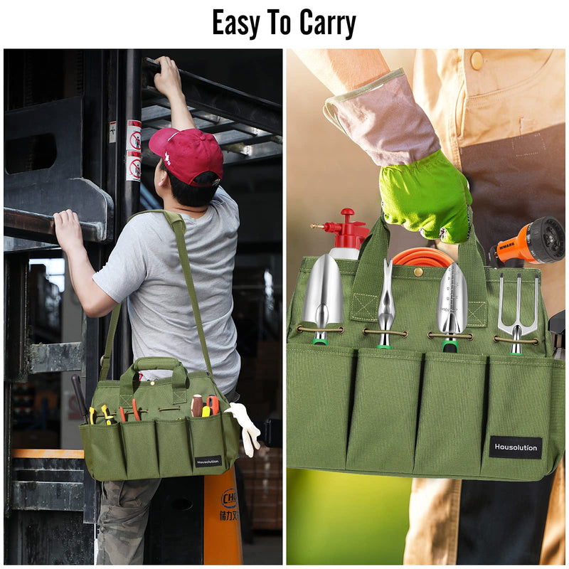 Housolution Garden Tote Bag, 900D Standable Gardening Tool Bag, Garden Tote Storage Bag with Pockets & Long Adjustable Shoulder Strap, Home Tools Organizer Garden Tool Kit Holder, 14 Inch Dark Green