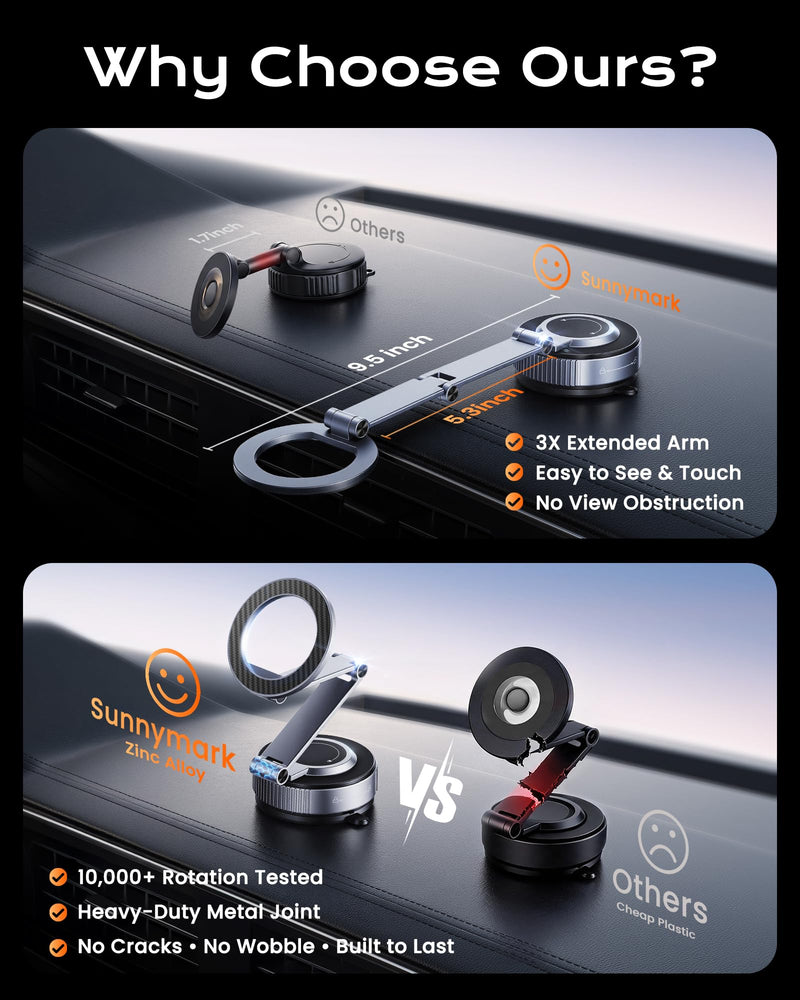 Magnetic Phone Holder for Car, 3-Axis Long Arm Mount for Tesla Model Y/3 | Foldable Washable Nano Gel + Vacuum Suction, Car Phone Mount for iPhone 17 16 15 14 13 12 Pro Max, MagSafe Cases, Dashboard Gray