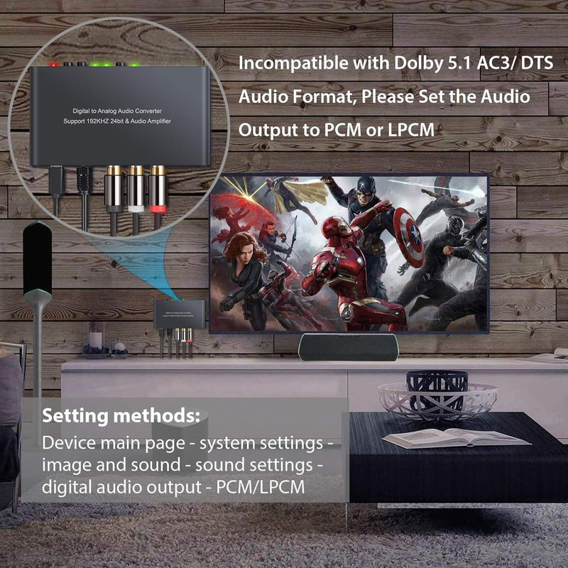 Neoteck 192kHz Digital to Analog Audio Converter with IR Remote Control, DAC Converter Digital Coaxial Toslink Optical to Analog Stereo L/R RCA 3.5mm Audio Adapter Support Volume Control/Mute/Power