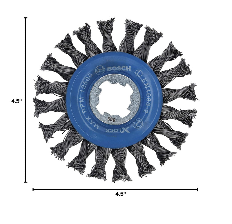 BOSCH WBX428 4-1/2 In. X-LOCK Arbor Carbon Steel Full Cable Knotted Wire Wheel For Applications in Difficult Brushing in Tight Places for Cleaning Welds Carbon Steel Wire Wheel 4-1/2 In.