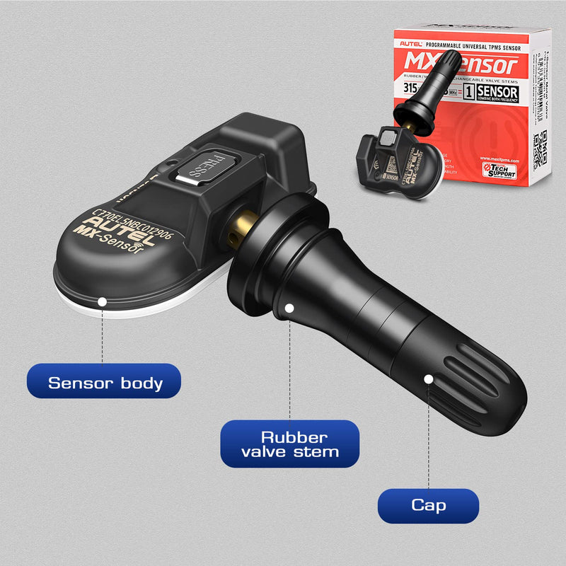 Autel TPMS MX Sensor 315MHz 433MHz Dual Frequency 1-Sensor, OEM Quality Universal Tire Sensors, 100% Programmable with Autel TS408S TS501 TS508 TS508WF MK808S-TS MS906TS (1PCS Press-in Rubber Valve)