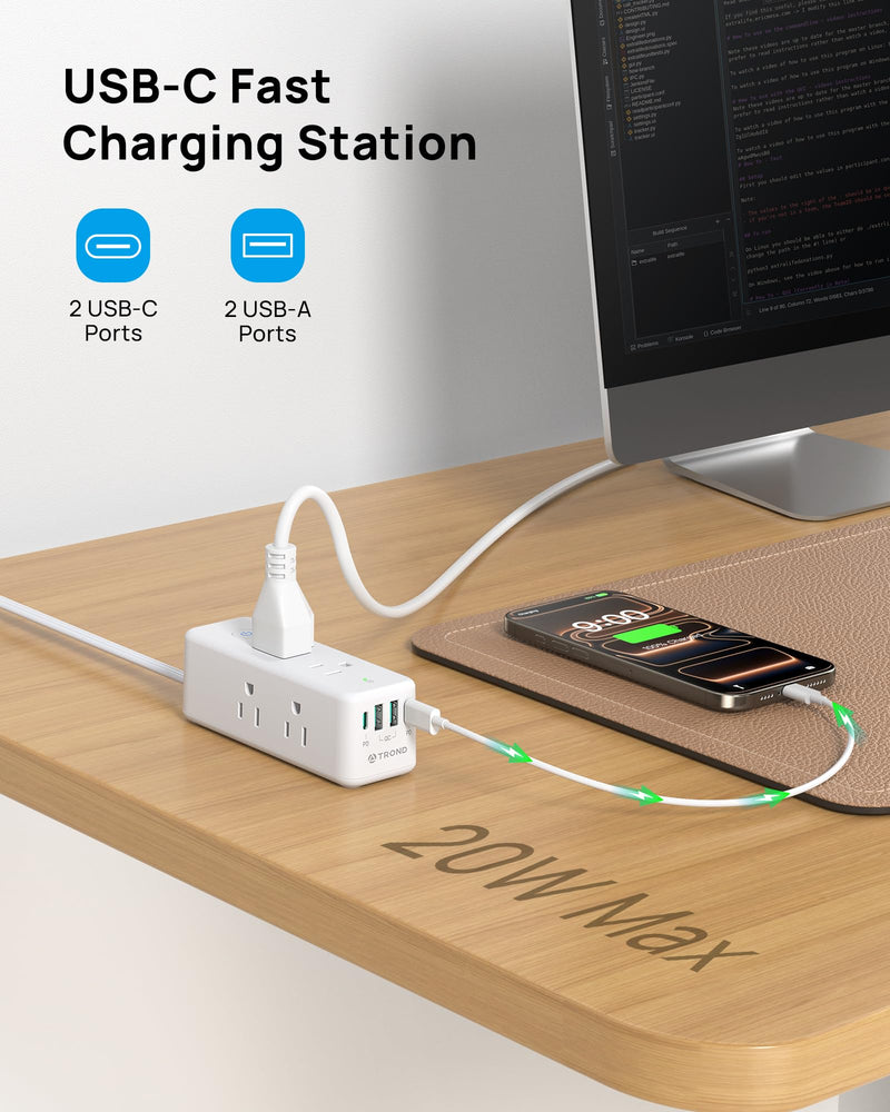 TROND Surge Protector Power Strip with 360 Rotating Flat Plug, White | 3ft Extension Cord, 6 Widely Spaced Outlets and 2 USB-C PD20W Ports, 1440J Surge Protector for Home Office Dorm Essentials