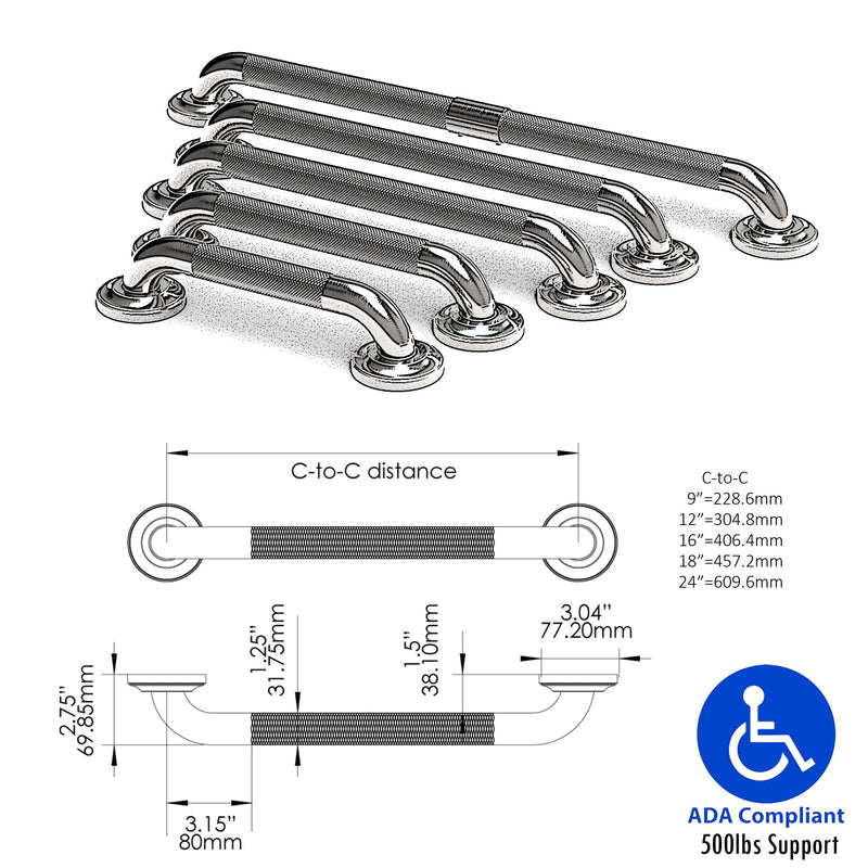 1-1/4" Knurled Grab Bar, ADA Compliant Bath Safety Shower Handrail, Bathroom Mobility Aid Handle for Seniors and Disabled, Heavy Duty 500lbs Support 9in Brushed Nickel