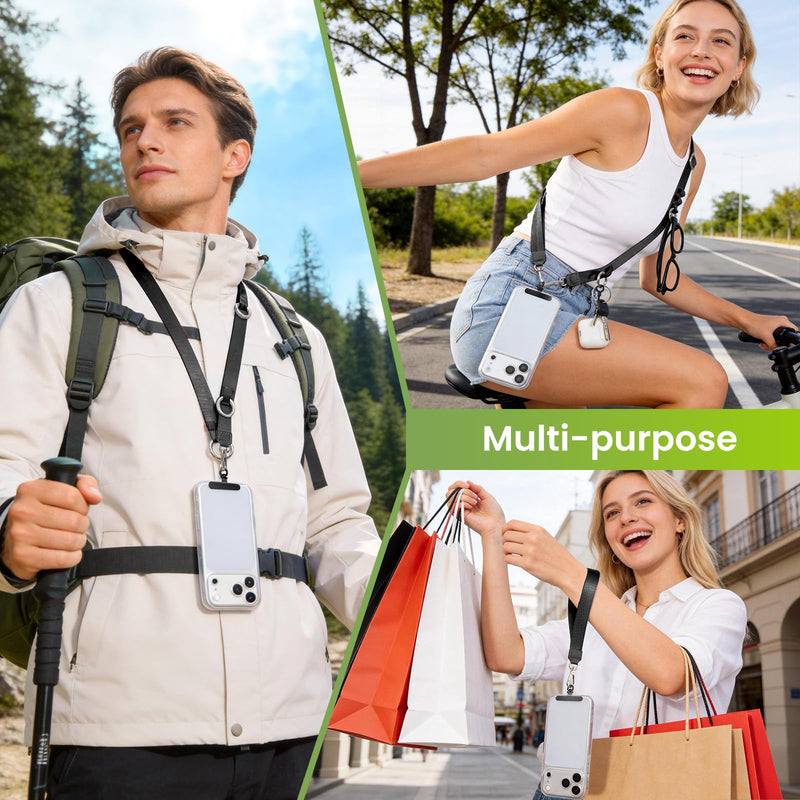Multifunctional Phone Lanyard, 3 in 1 Cell Phone Detachable Adjustable Crossbody Strap & Neck Lanyard & Wrist Lanyard with 2x Tether Tab for Most Smartphones, Outdoor Travel Essential Black Blackx1