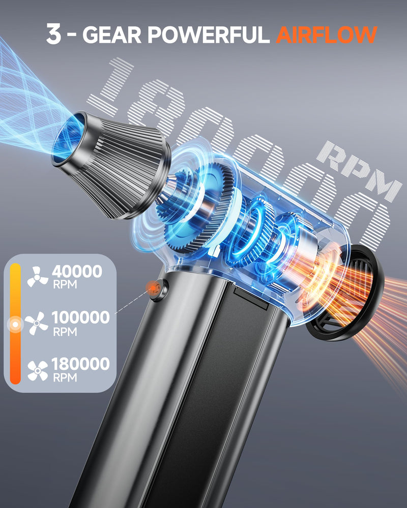 WeGuard Compressed Air Duster, 180000RPM Air Blower for Cleaning (Grey) | Cordless Air Duster, 3-Speed, Stepless Speed Mode, LED Light, Rechargeable Blower for Keyboard, PC, Car, Electronics