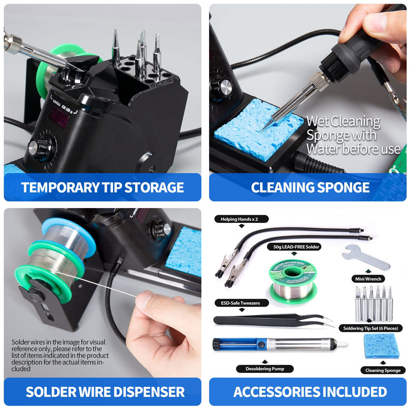 YIHUA 926 III 60W Digital Display Soldering Iron Station Kit w 2 Helping Hands, 6 Extra Iron Tips, Lead-Free Solder, Solder Sucker, S/S Tweezers, °C/ºF Conversion, Auto Sleep & Calibration Support Black