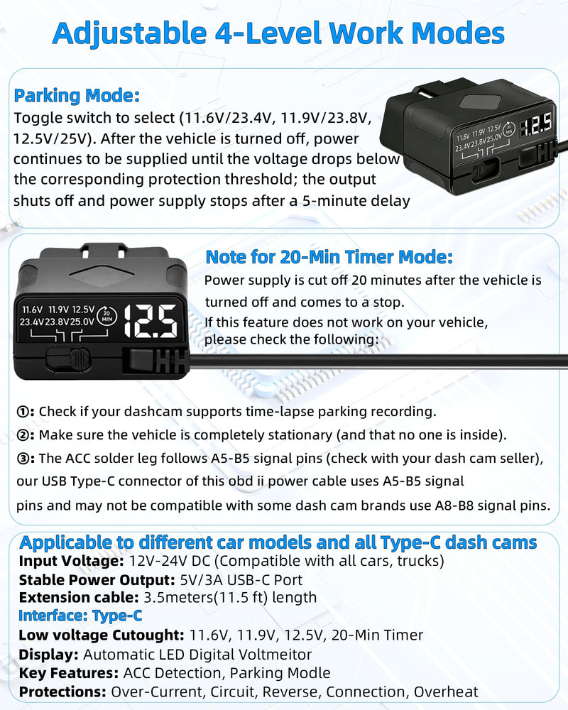 OBD2 to USB C Power Cable for Dash Cam, Plug and Play Dashcam Hardwire Kit with LED Voltmeter, 4-Level Low Voltage Protection (11.6V/11.9V/12.5V/20min), 12V-24V to 5V/3A for Parking Mode, 11.5ft/3.5M 350 centimeters Black