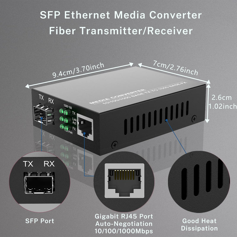 2 Pack Gigabit Ethernet Fiber Media Converter, Open SFP Slot, RJ45 to 1000Base-SX for 10/100/1000Mbps, Supports Gigabit SFP Modules Up to 120KM, Plug and Play, Auto-Negotiation, UL Certified