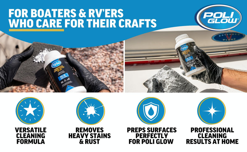 Poli Ox® Oxidation Removal Kit for Boats, RVs, or Fiberglass Surfaces–Removes Heavy Oxidation, Stains & Grime–Safe on Fiberglass, Gelcoat, Vinyl Decals: Includes 16 oz Cleaner, Scrub Pad & Sanding Pad Powder Ox