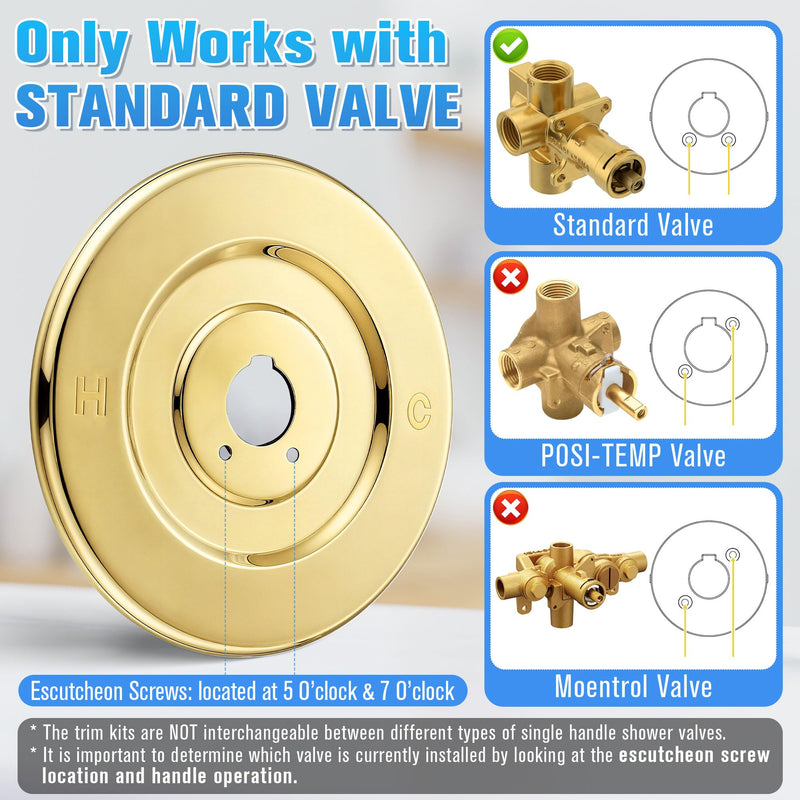 Enhon Tub and Shower Trim Kit, Shower Trim Compatible with Moen Chateau T470 Single Handle Tub/Shower Standard Valve, Escutcheon Screws Tube and Handle(Polished Brass) Polished Brass