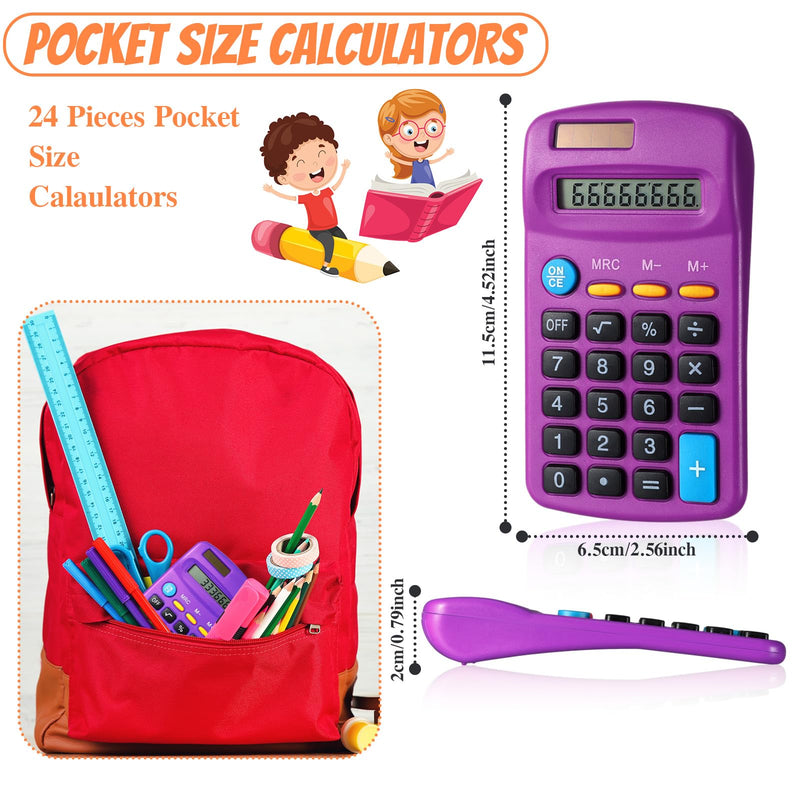 24 Pieces Basic Calculators for Students Small Pocket Size 8 Digit Display Mini Calculators Dual Powered Handheld for School Desktop Home(Purple) Purple