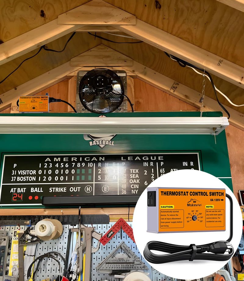 Attic Fan Thermostat-Control, Adjustable Thermostat with Overload Protector, Temperature Controlled Attic Fan, with Socket Easy to Install, Exhaust Fan Temperature Controller for Workshop, Greenhouse [Socket] 5FT