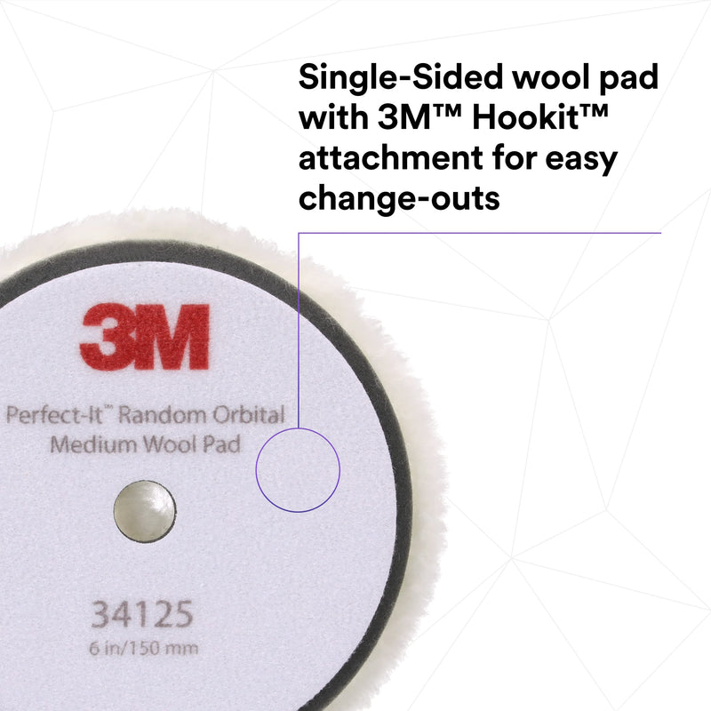 3M Perfect-It Random Orbital Medium Wool Compounding Pad, 6"/150 mm, White, 34125, Orbital Pads for Automotive Compounding and Polishing 6" 150mm