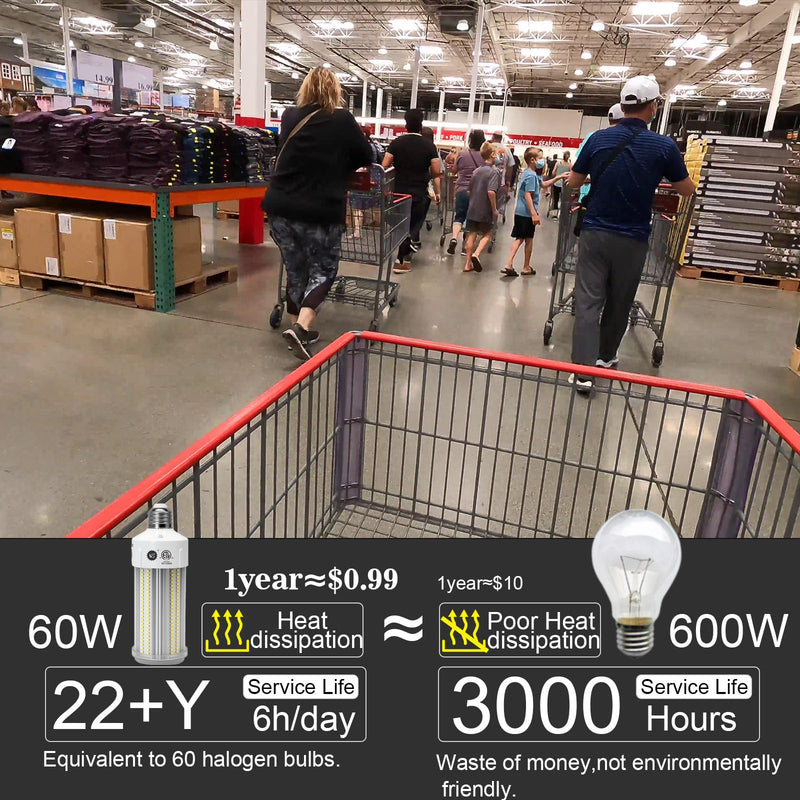 NS LED Corn Light Bulbs 9000 Lumens Super Bright (600W Equivalent), A19 60W E26 5000K Daylight, Energy Saving 90%, Non-Dimmable (1-Set)-for Home Workshop 60w White