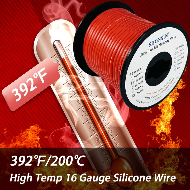 Shonsin 16 Gauge Flexible Silicone Wire 100FT Red 16 AWG Stranded Automotive Wire 252 Strands 0.08mm Tinned Copper Conductor (1.27mm2) Rating 392℉ 600V
