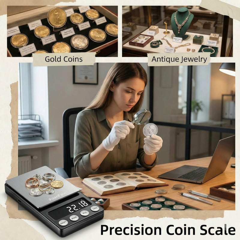 Digital Coin Scale, 500g x 0.01g Gram Scale for Jewelry and Gold, Precision Pocket Jewelry Scale for Coin Collectors & Bank Tellers, with Calibration Weight