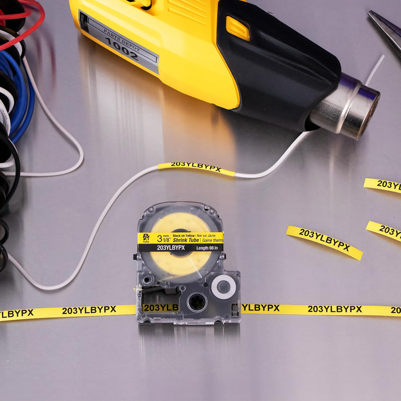 Epson LABELWORKS 203YLBYPX Tape Cartridge - Black on Yellow Shrink Tube Industrial Label Maker Tape - AWG 16-22, 1/8" (3MM) Wide, 8 ft (98") 3MM(16-22AWG)