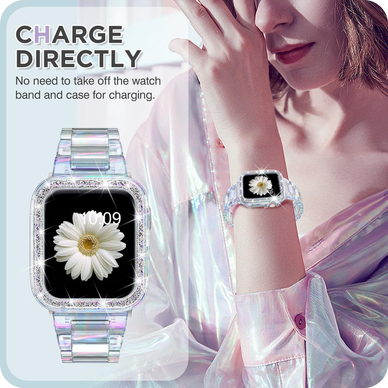 DABAOZA Compatible for Clear Apple Watch Band with Case, Women Girl Resin Lightweight Sport Strap Glitter Bling Bumper Cover with Stainless Steel Buckle for iWatch Band SE Series9/8/7/6/5/4/3/2/1 Colorful Clear 45mm/44mm/42mm