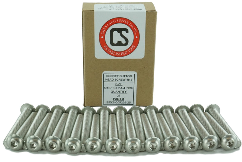 Stainless 5/16-18 x 2-1/4" (5/8" to 3" Available) Socket Button Head Cap Screws, Full Thread, Hex Drive, Stainless Steel 18-8, Coarse Thread (5/16-18 x 2-1/4)