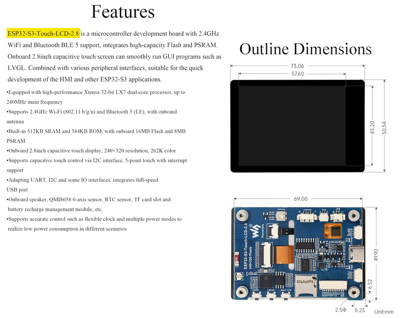 ESP32-S3 2.8inch Capacitive Touch Display Development Board, 5-Point Touch, 240×320 IPS LCD, 32-bit LX7 Dual-Core Processor, Support Wi-Fi & Bluetooth, Multiple Peripherals Interfaces, with Speaker