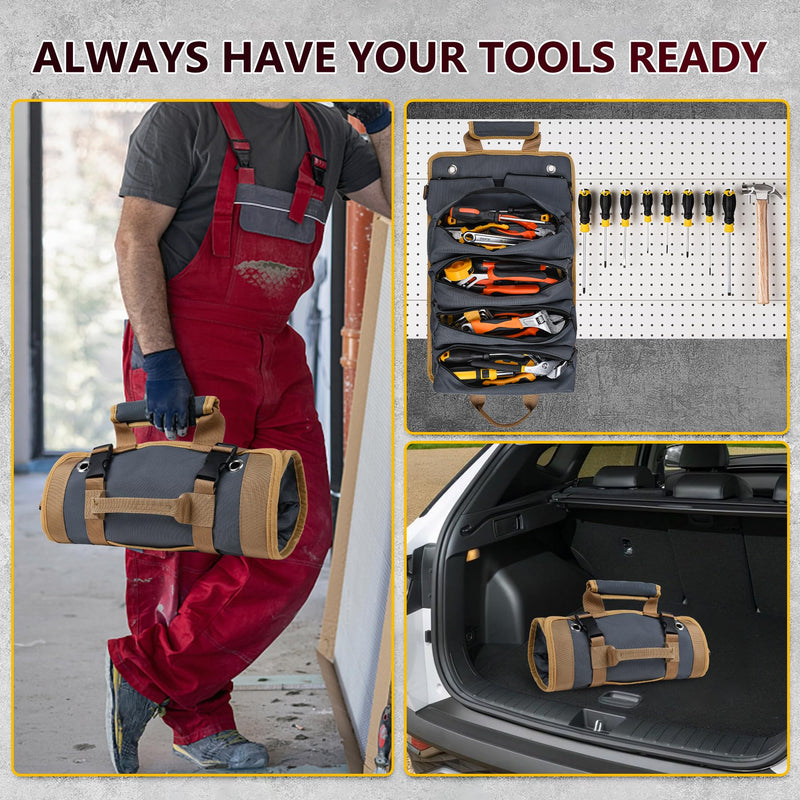 Tool Bag Tool Bags for Men Heavy Duty Tool Organizer, Portable Roll Up Tool Bag Gifts For Him, Mechanic, Electrician and Hobbyist, Car Tool Roll Organizer Grey