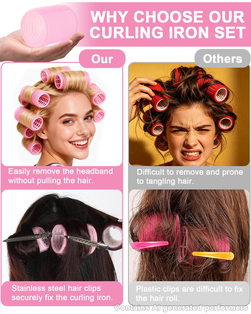 50PCS Hair Rollers Set with 24 Clips, 4 Sizes Hair Curlers - Pink | 60/48/36/25mm, Fine Hair Lift, DIY Styling, Hair Volume, Long, Medium, Short