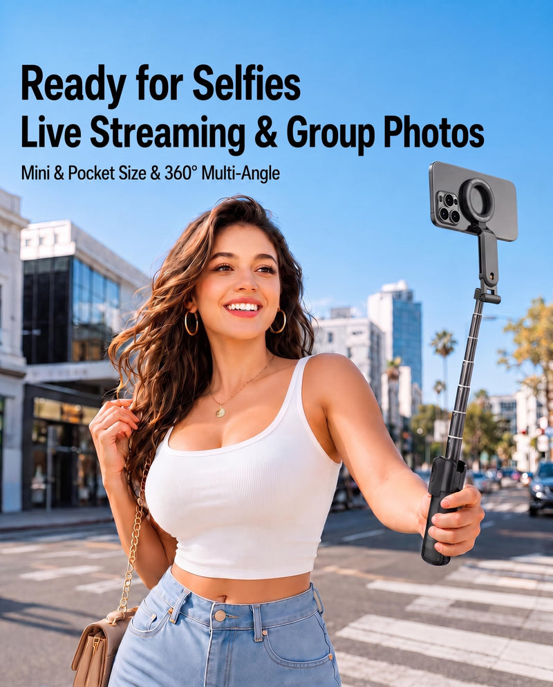 Magnetic Mini Selfie Stick Tripod for iPhone & Android, [MAX 19"] [Pocket 4.5"] 4-in-1 Phone Camera Grip with Rechargeable Shutter Remote for Creator Travel TikTok Vlogging (Up-Black) New Black