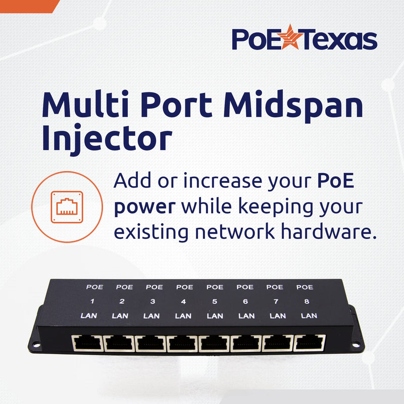 PoE Texas 8 Port PoE Injector - 8 Port PoE Adapter - Add Power Over Ethernet for Passive Devices - 10/100 Data Rate for PTZ, IP Camera Video Security System, VoIP Phone, WiFi Access Point (POE-8-ENC) WS-POE-8-ENC