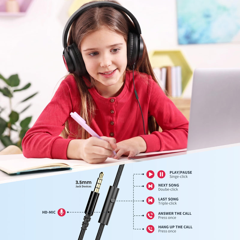 AILIHEN Kids School Headphones with Mic & 3.5mm Jack for K-12 Students-Red | Classroom,Travel & Daily Use, Duarable, Adjustable & Foldable, Kids & Teens, For Chromebook & Tablet, Lightweight Red