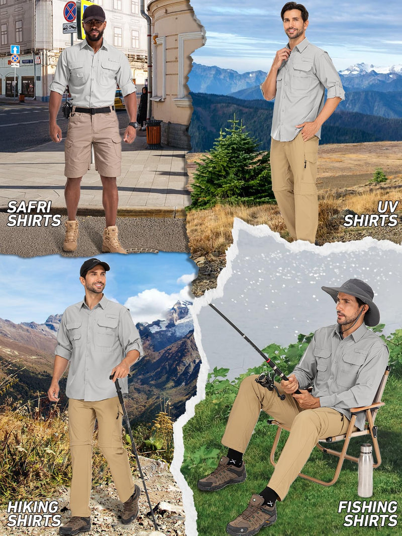 linlon Mens Safari Shirts Long Sleeve UV Protection Hiking Fishing UPF 50+ Quick Dry Cooling Camping Travel Shirts Medium Grey