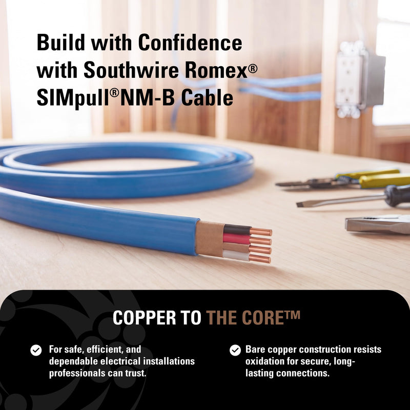 Southwire Romex SIMpull™ Electrical Wire, 14 Gauge, 3 Conductor, 25 Ft, NM-B Cable, Blue, 63946921