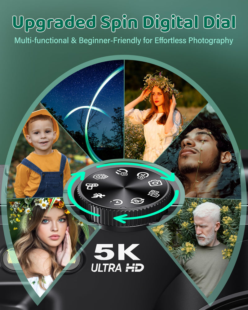 Digital Camera 5K WiFi Cameras for Photography 75MP UHD Autofocus Vlogging | 5K 75MP WiFi Camera for YouTube, Compact Travel Video Camara Beginner, 3" 180° Flip Screen, 18X Zoom, Memory Card, Batteries Black